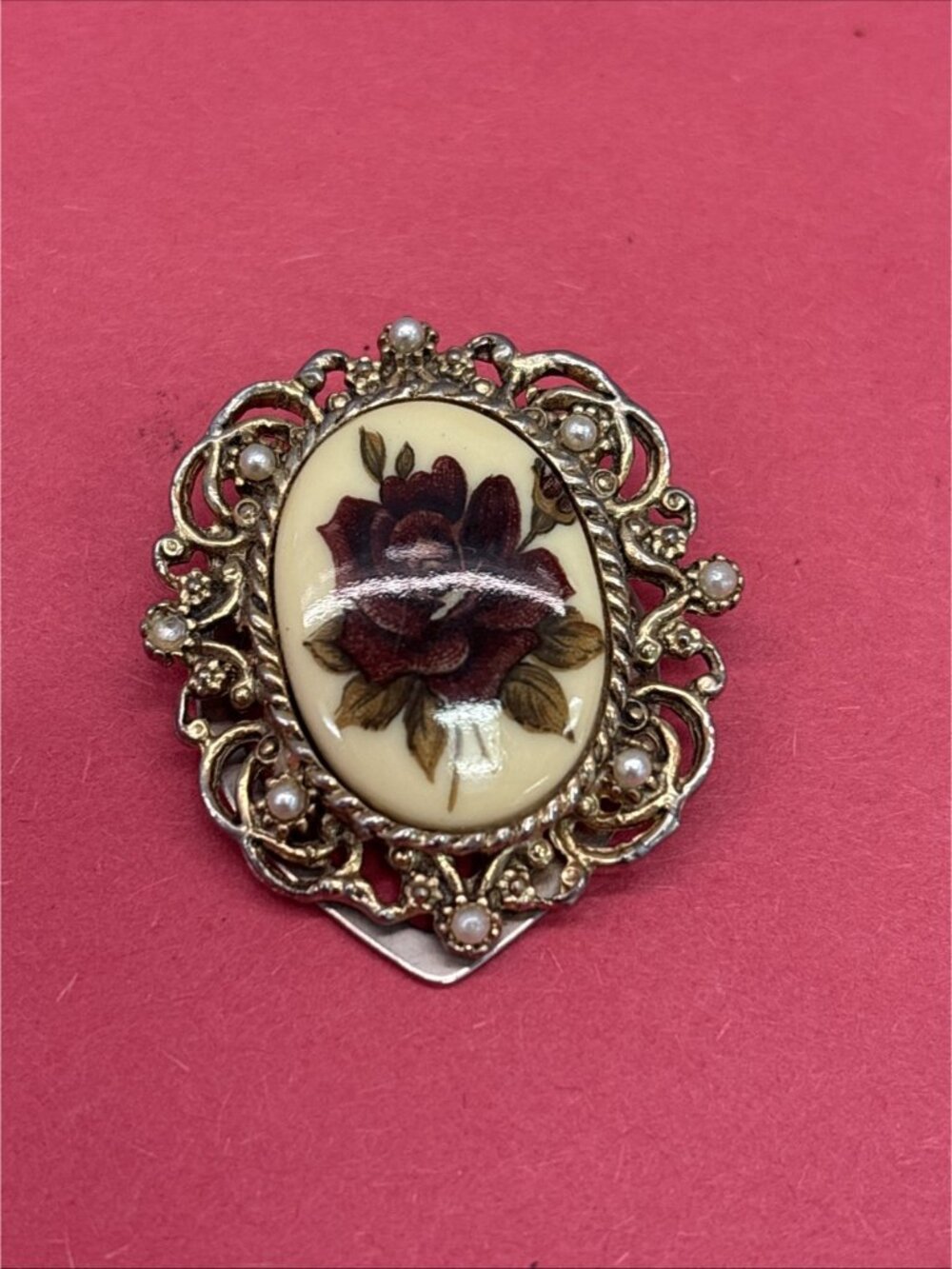 Victorian Revival Gold Tone Floral Rose Cameo Brooch Pin